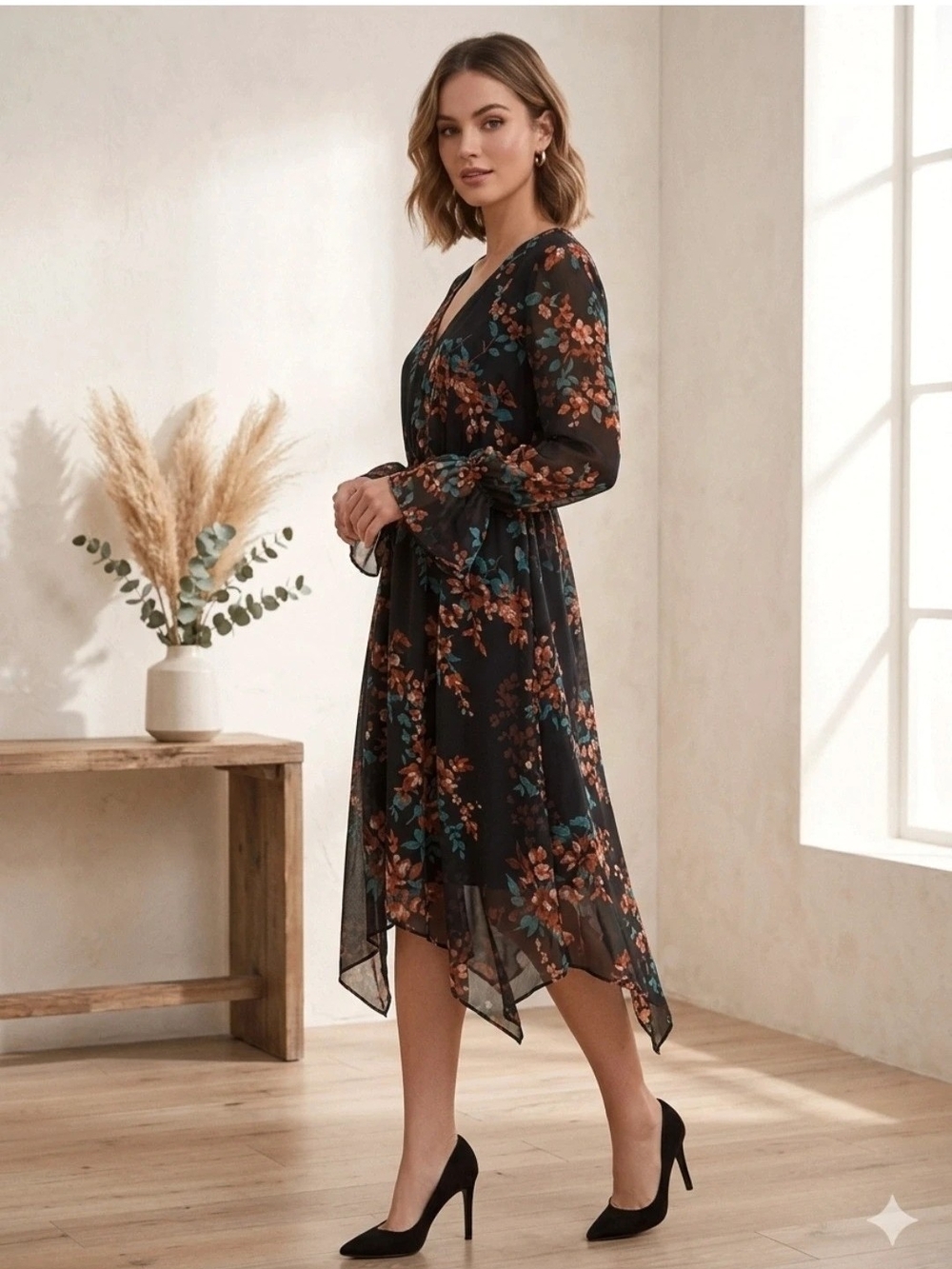 Black Floral High-Low Midi Dress with Teal & Rust Blooms
